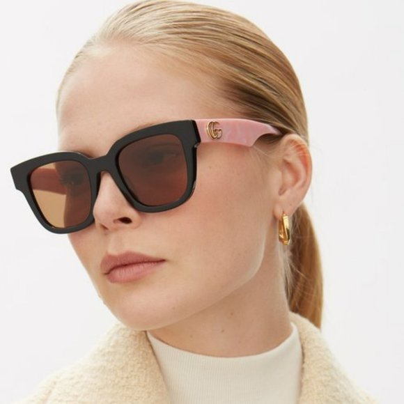 NEW Gucci GG0998S 005 Black Pink Pearl Temples Brown Square Women Sunglasses - Picture 10 of 11